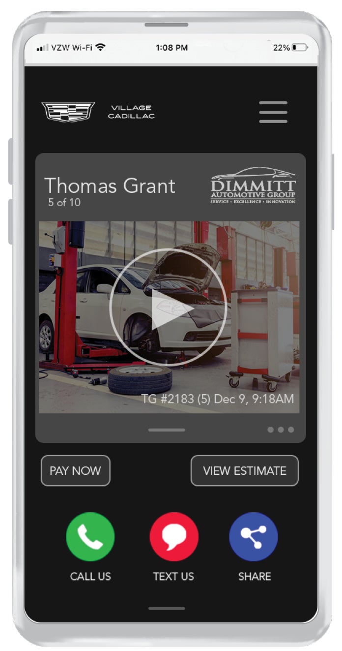 Mobile phone showing truvia video app of clients vehicle being serviced